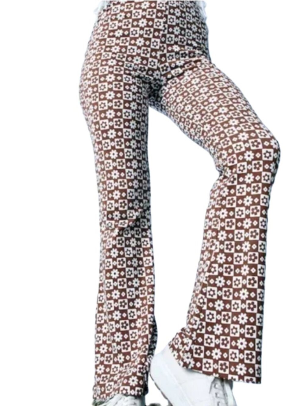 Hollister Y2K Ultra High Rise Brown White Floral Checkered Flare Pants Retro 70s